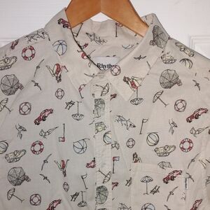 Rhythm Cream Beach Themed Button Down Shirt Sz M